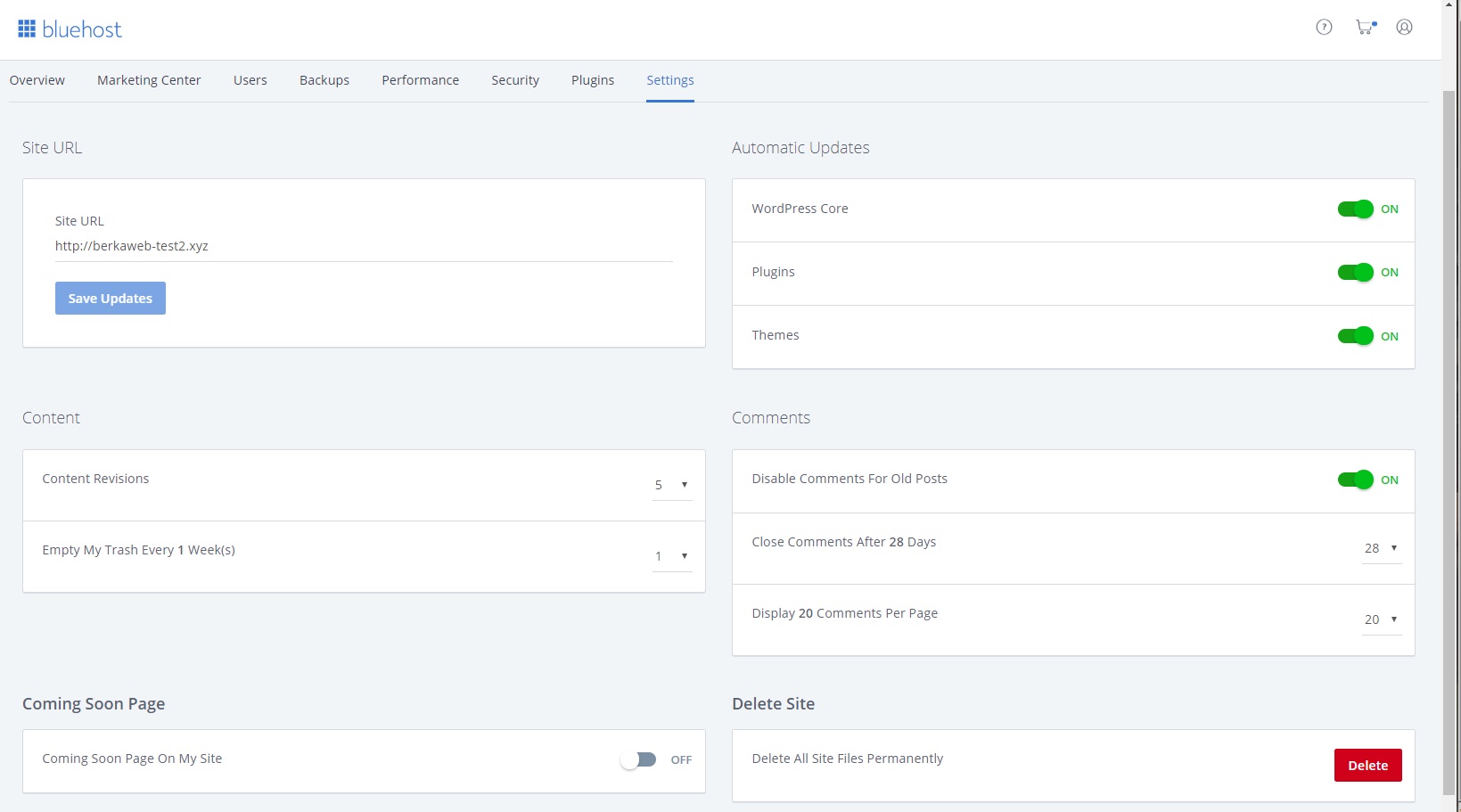 Bluehost shared hosting - interface - settings