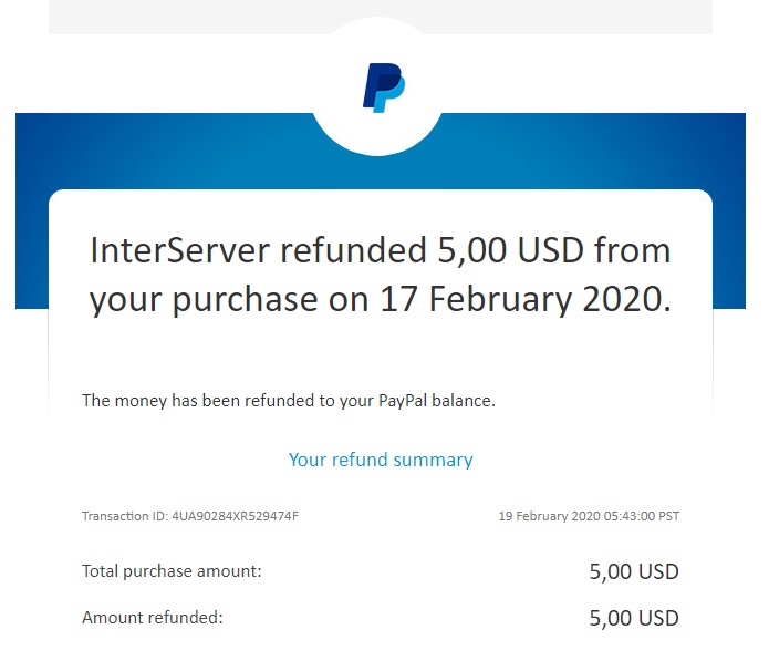 InterServer Shared Hosting - Paypal refund confirmation
