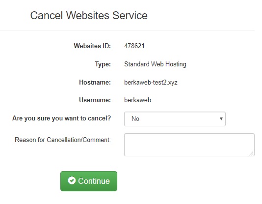 Interserver Shared Hosting - cancel websites form