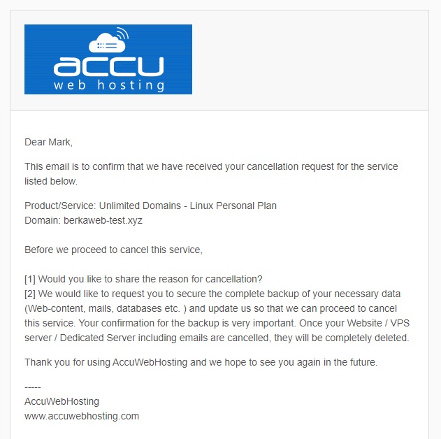 AccuWeb shared hosting - cancellation email